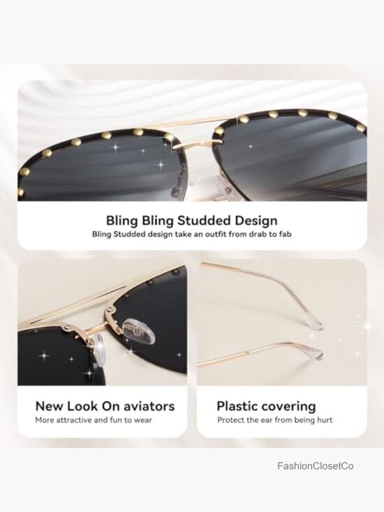 Studded Aviator Sunglasses Metal Frame UV 400 Rimless Oversized main image 5